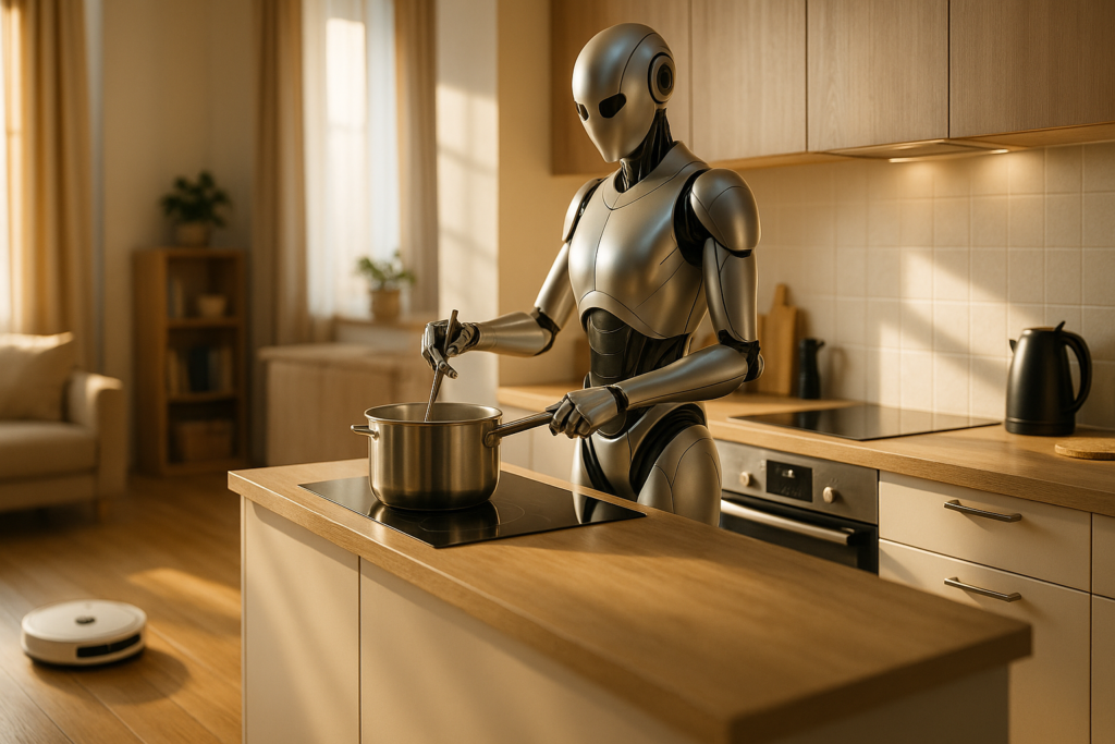 Robot vacuum and smart kitchen assistant working together.